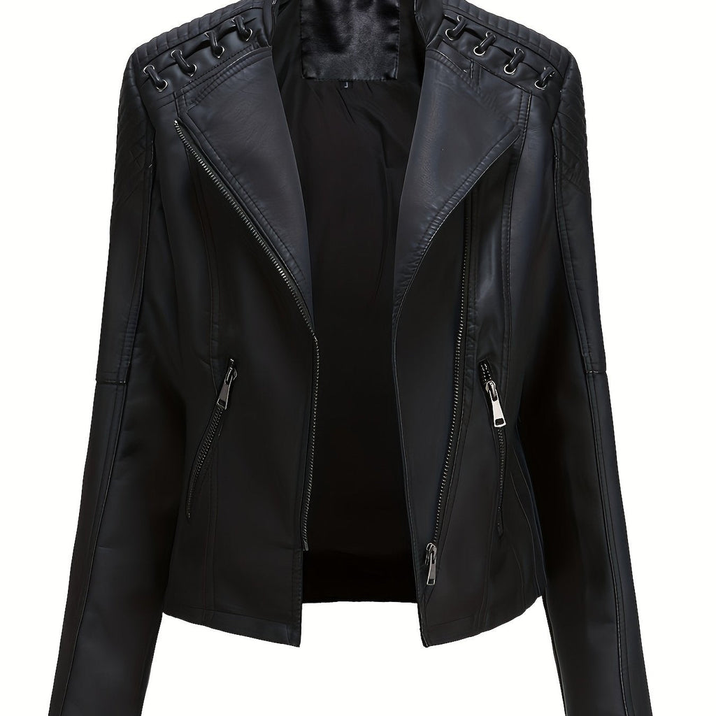 Women's cropped leather-look biker jacket with asymmetric zip