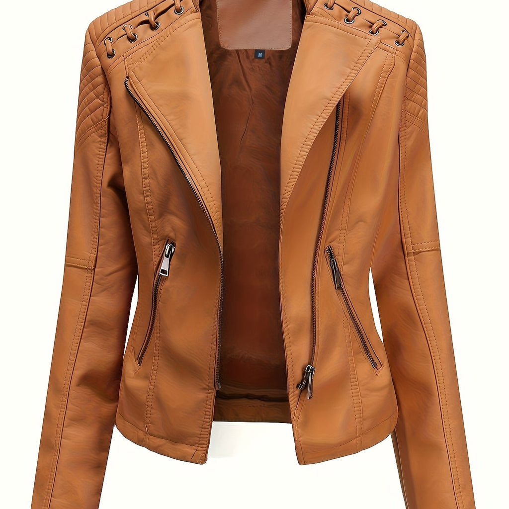 Women's cropped leather-look biker jacket with asymmetric zip