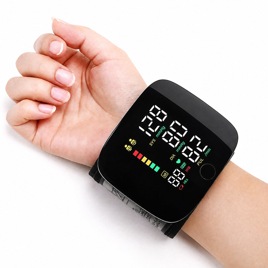 Digital wrist blood pressure monitor with colour LCD display