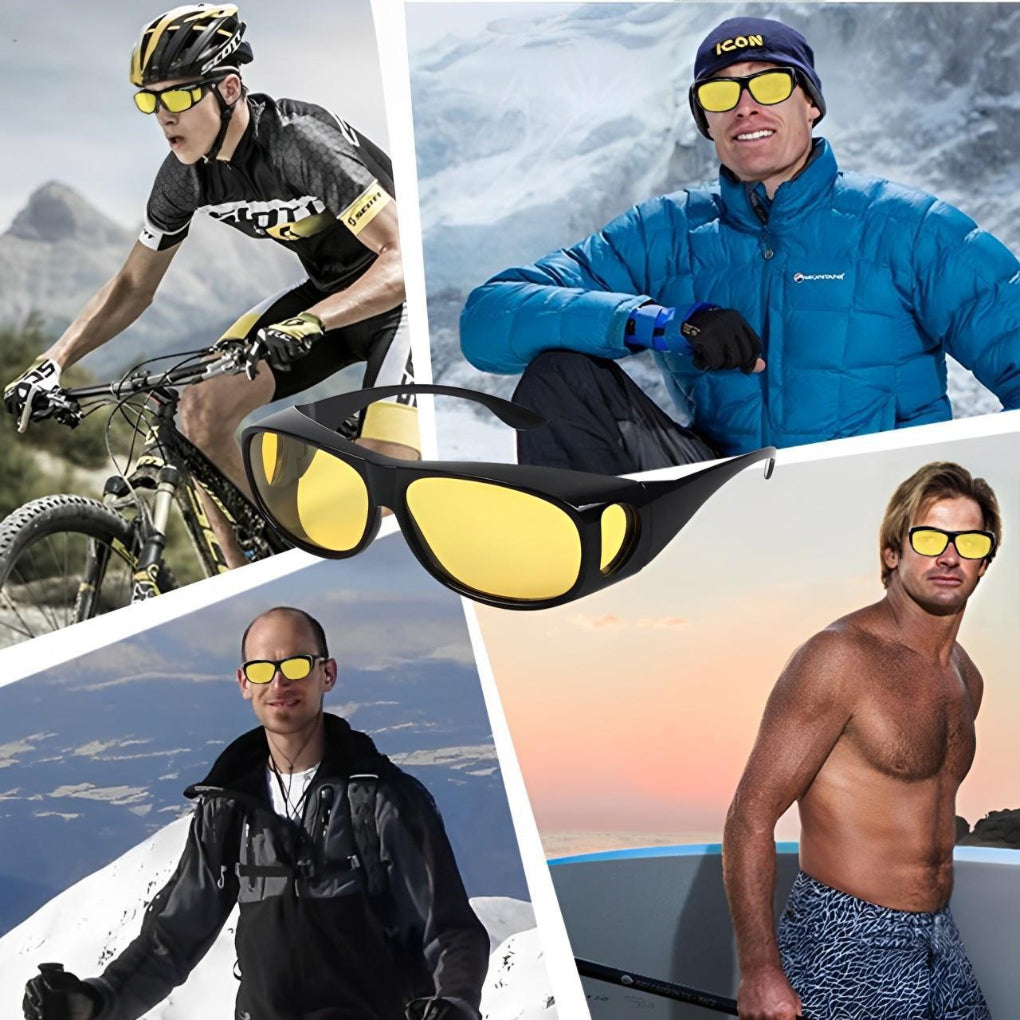 Night driving glasses with amber lenses and side lenses