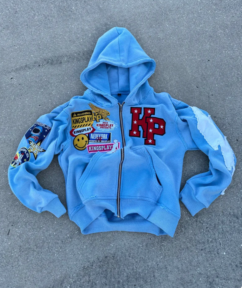 Men's streetwear zip up hoodie with embroidered patches