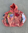 Men's streetwear zip up hoodie with embroidered patches