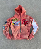 Men's streetwear zip up hoodie with embroidered patches