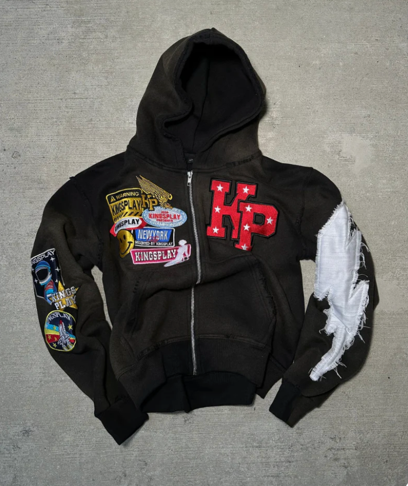 Men's streetwear zip up hoodie with embroidered patches