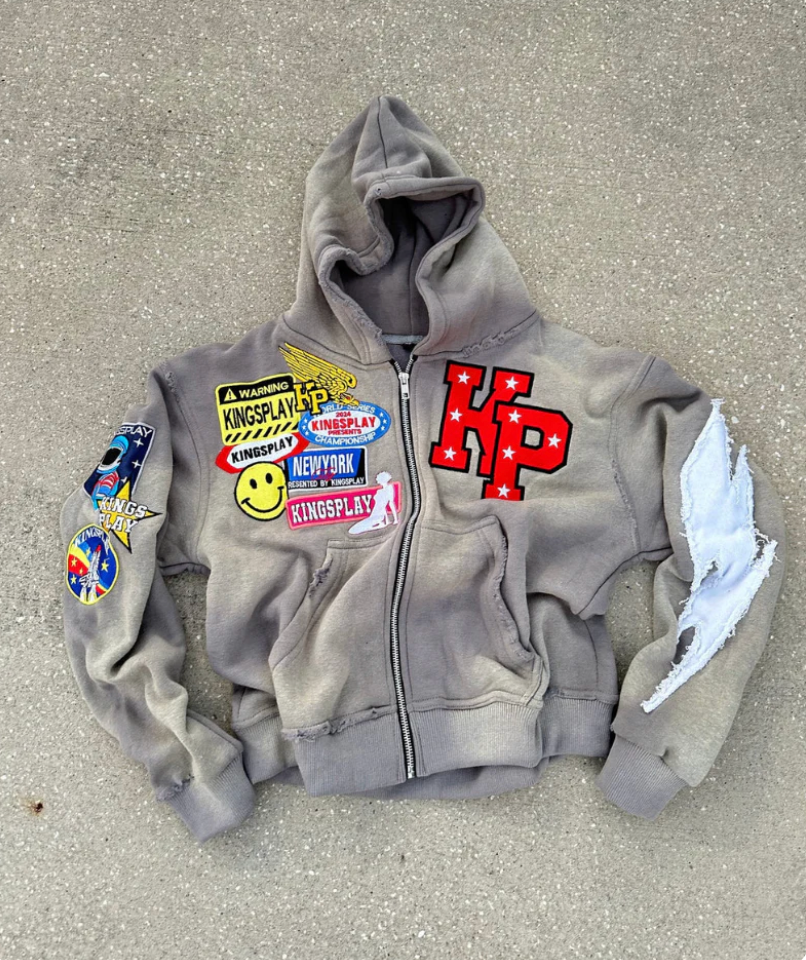 Men's streetwear zip up hoodie with embroidered patches