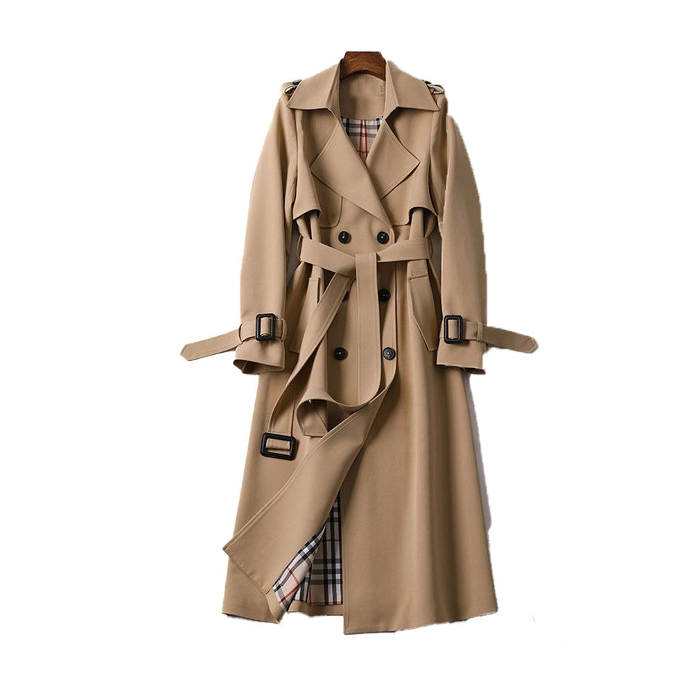 Women's long double-breasted trench coat with belt