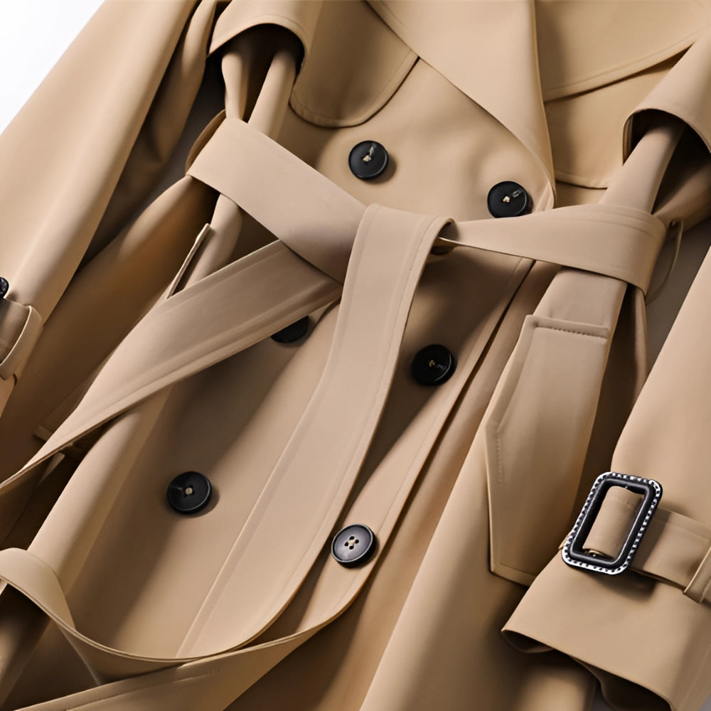 Women's long double-breasted trench coat with belt