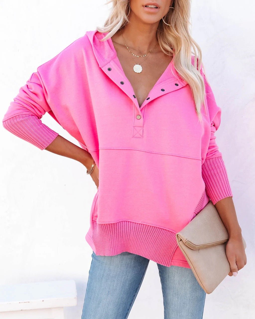 Women's longline oversized hoodie with press-stud neckline