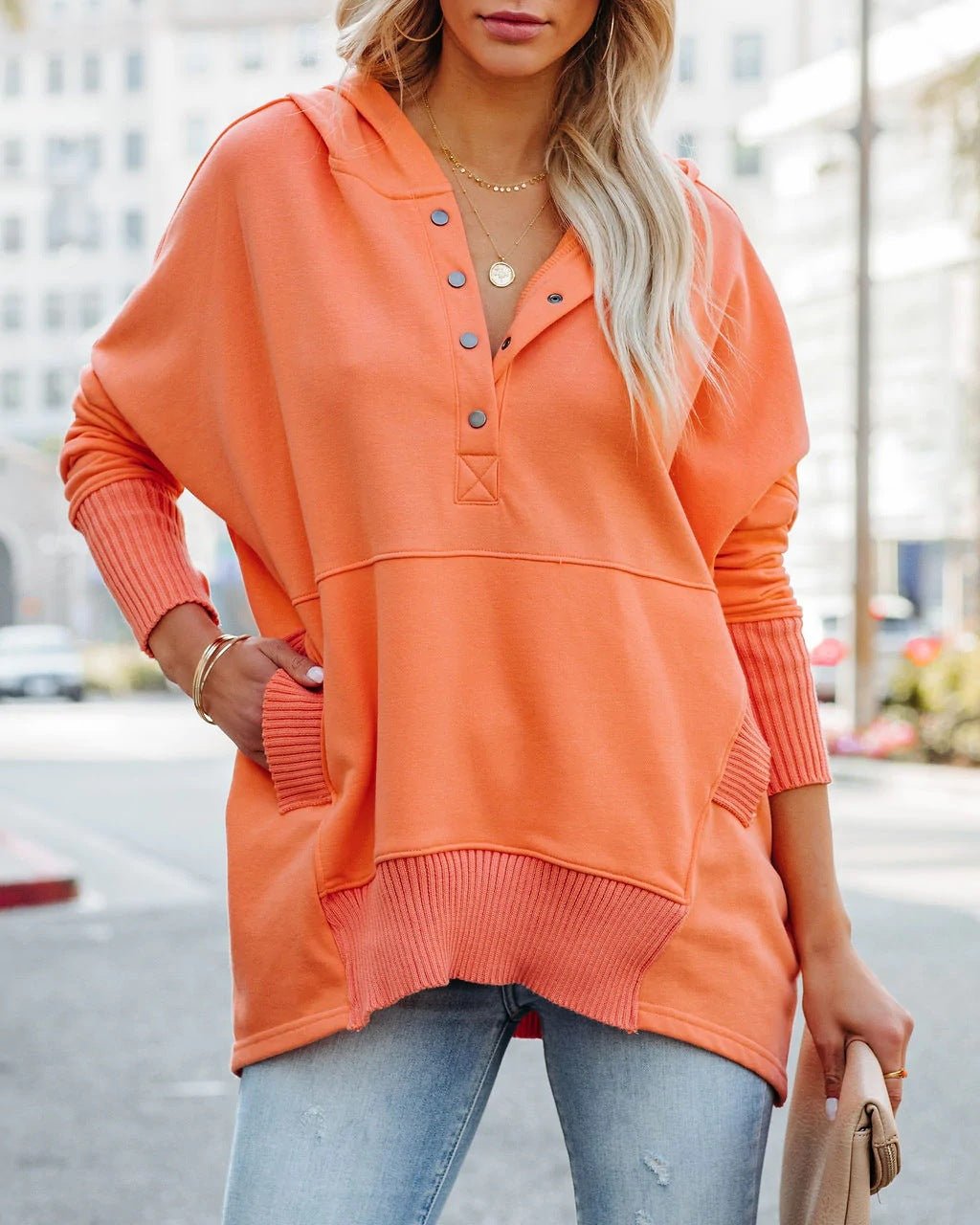 Women's longline oversized hoodie with press-stud neckline